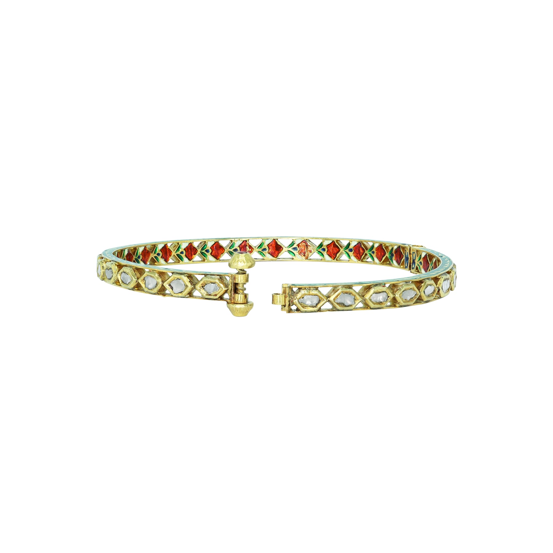 Geometric Polki Bangle with Red Enamel Accents